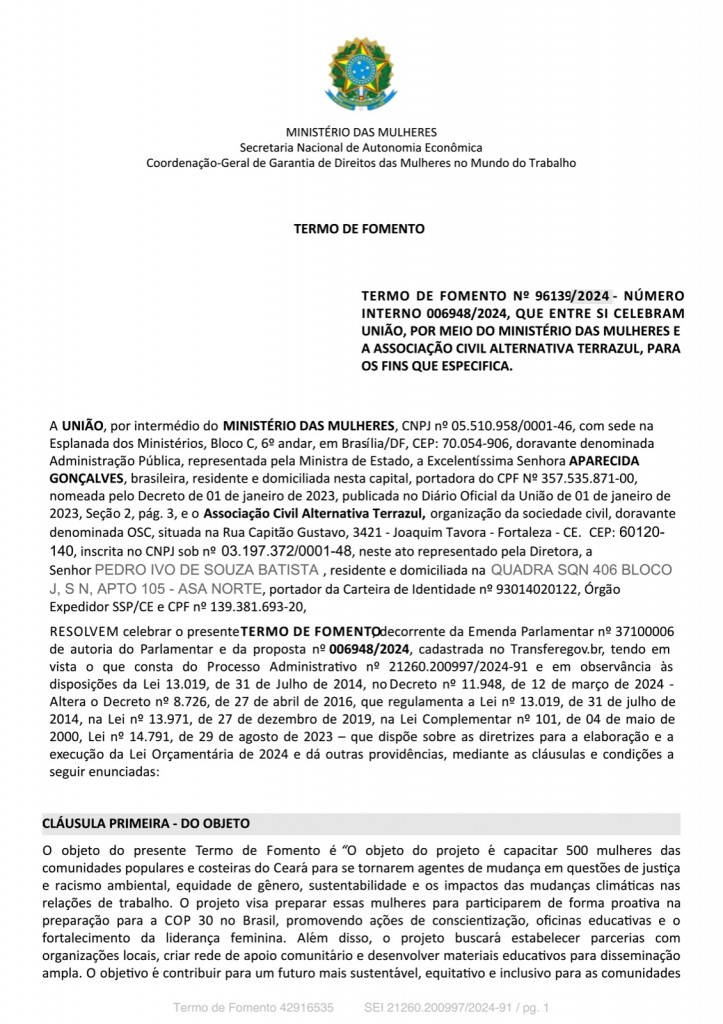 Termo de fomento - Ministério das Mulheres